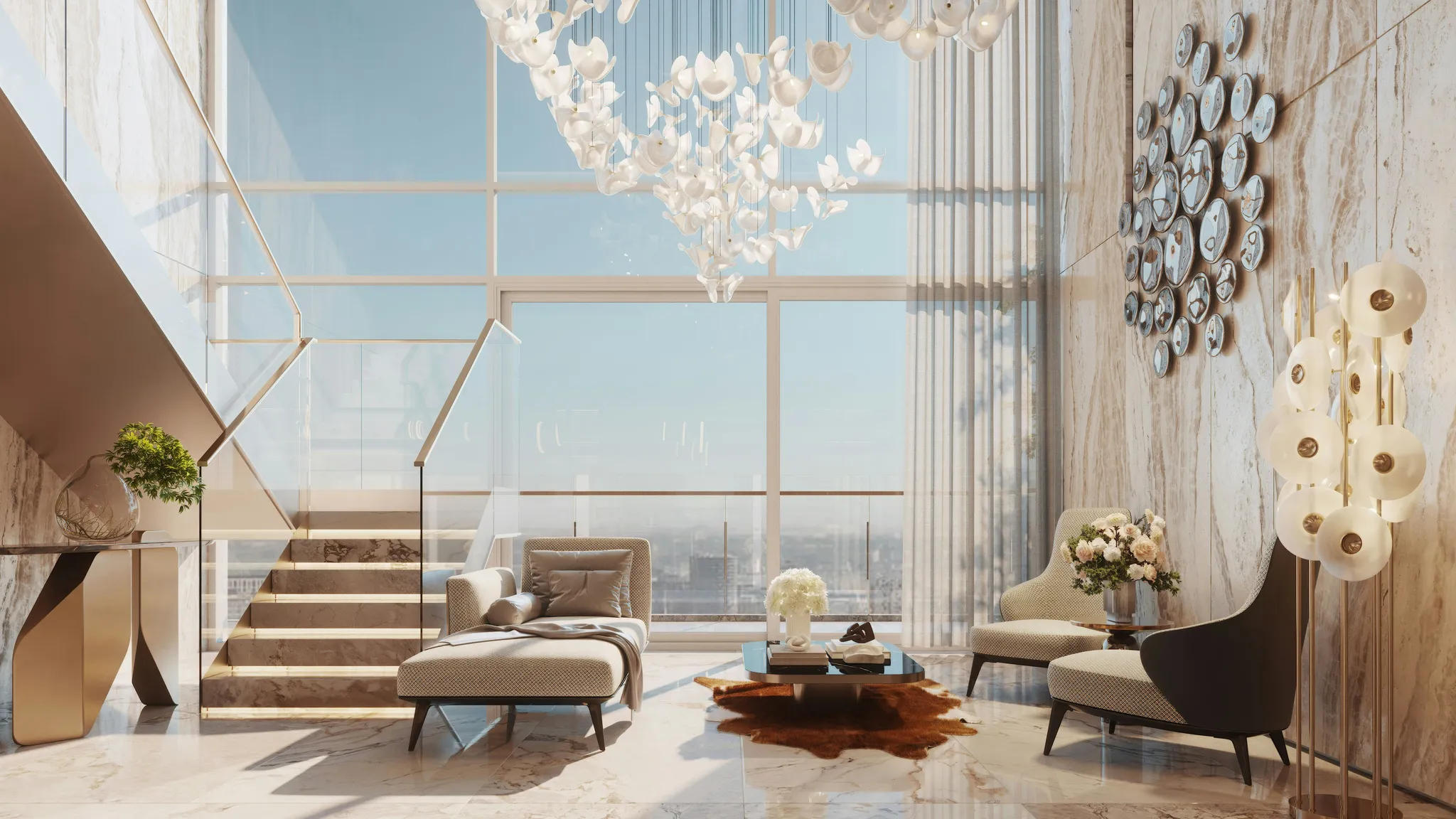 Luxurious living room with floor-to-ceiling windows and city view